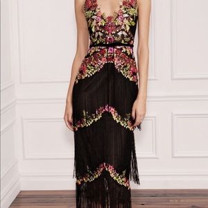 Marchesa Notte Black Fringe Embroidered Dress